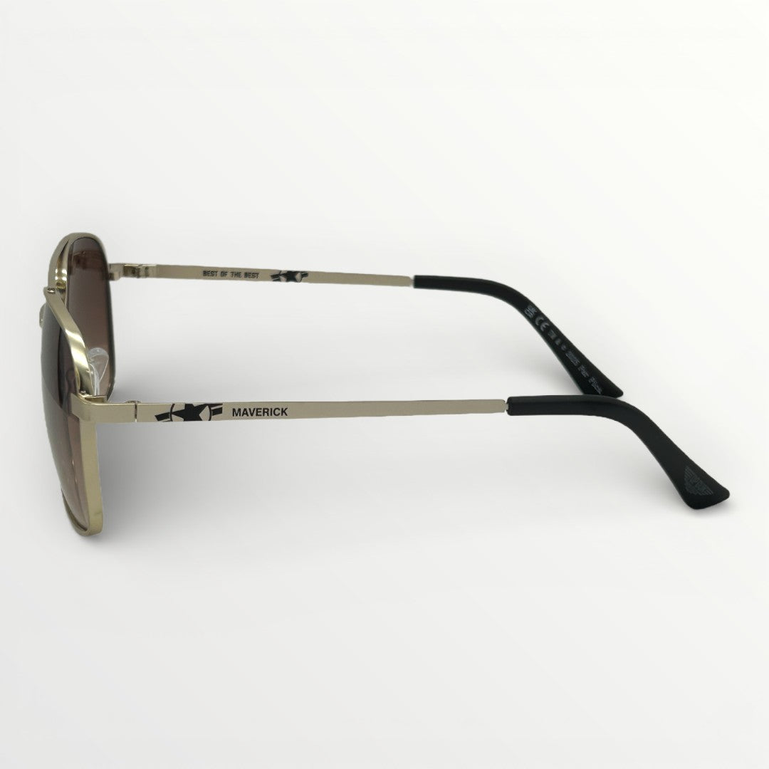 Sunglasses with black and gold frame on a white background