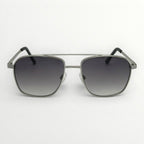 Sunglasses with dark gradient lenses and metallic frame on a white background