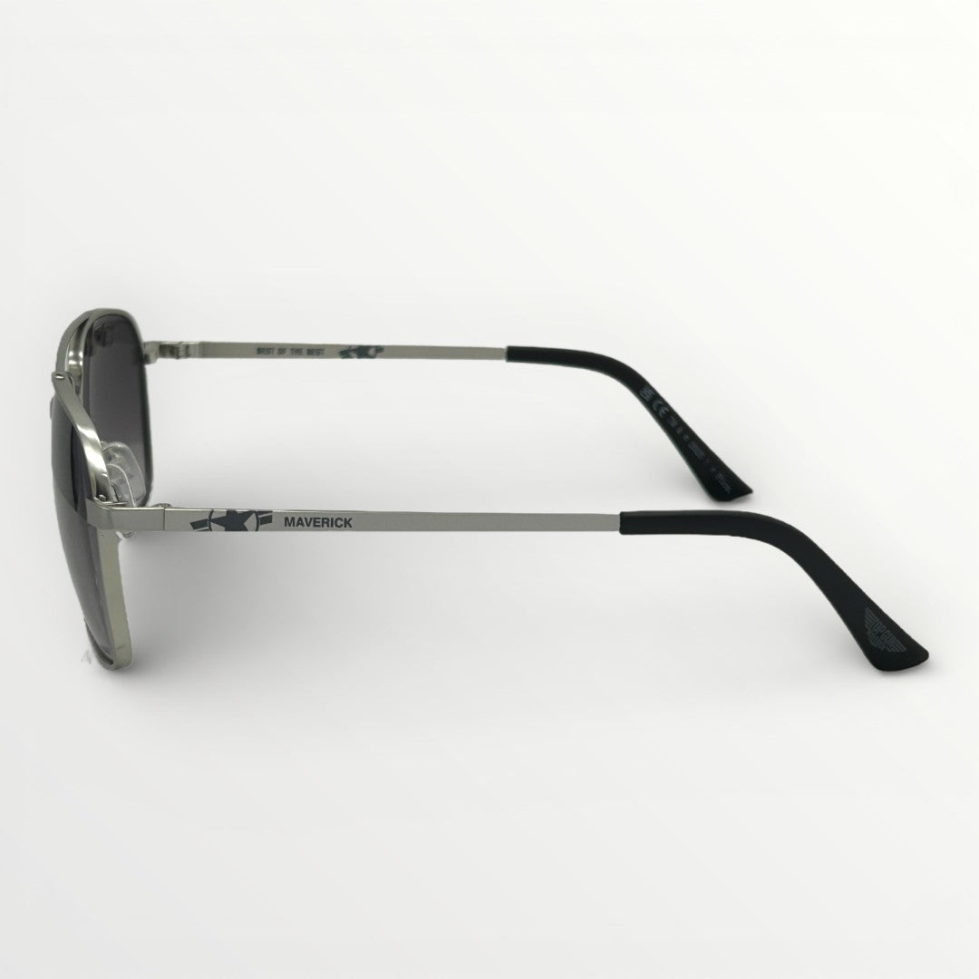 Sunglasses with black and silver frame on a white background