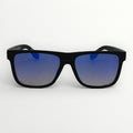 Black sunglasses with blue gradient lenses on a white background