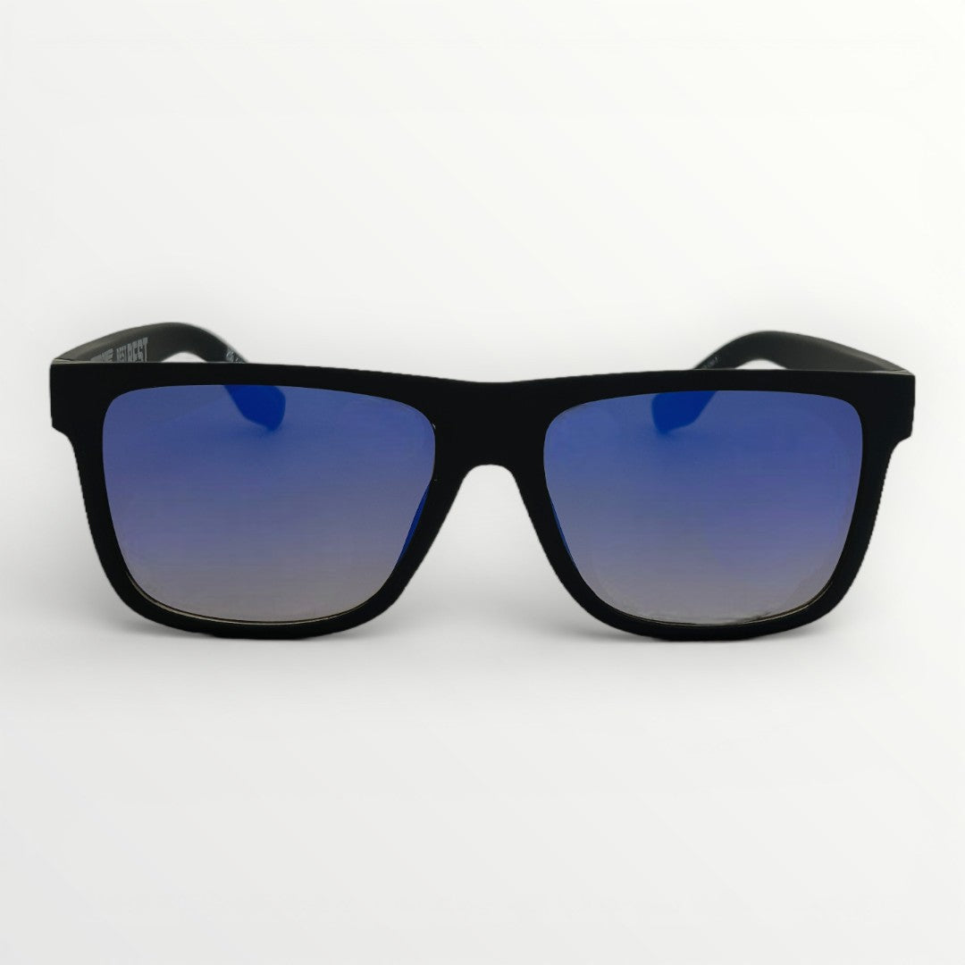 Black sunglasses with blue gradient lenses on a white background