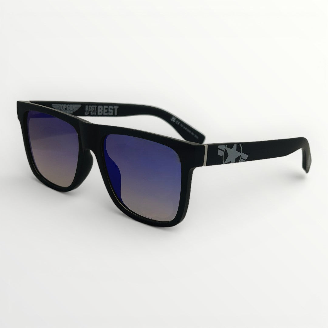 Black sunglasses with blue gradient lenses on a white background