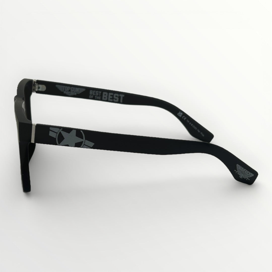 Black eyeglasses with text on a white background