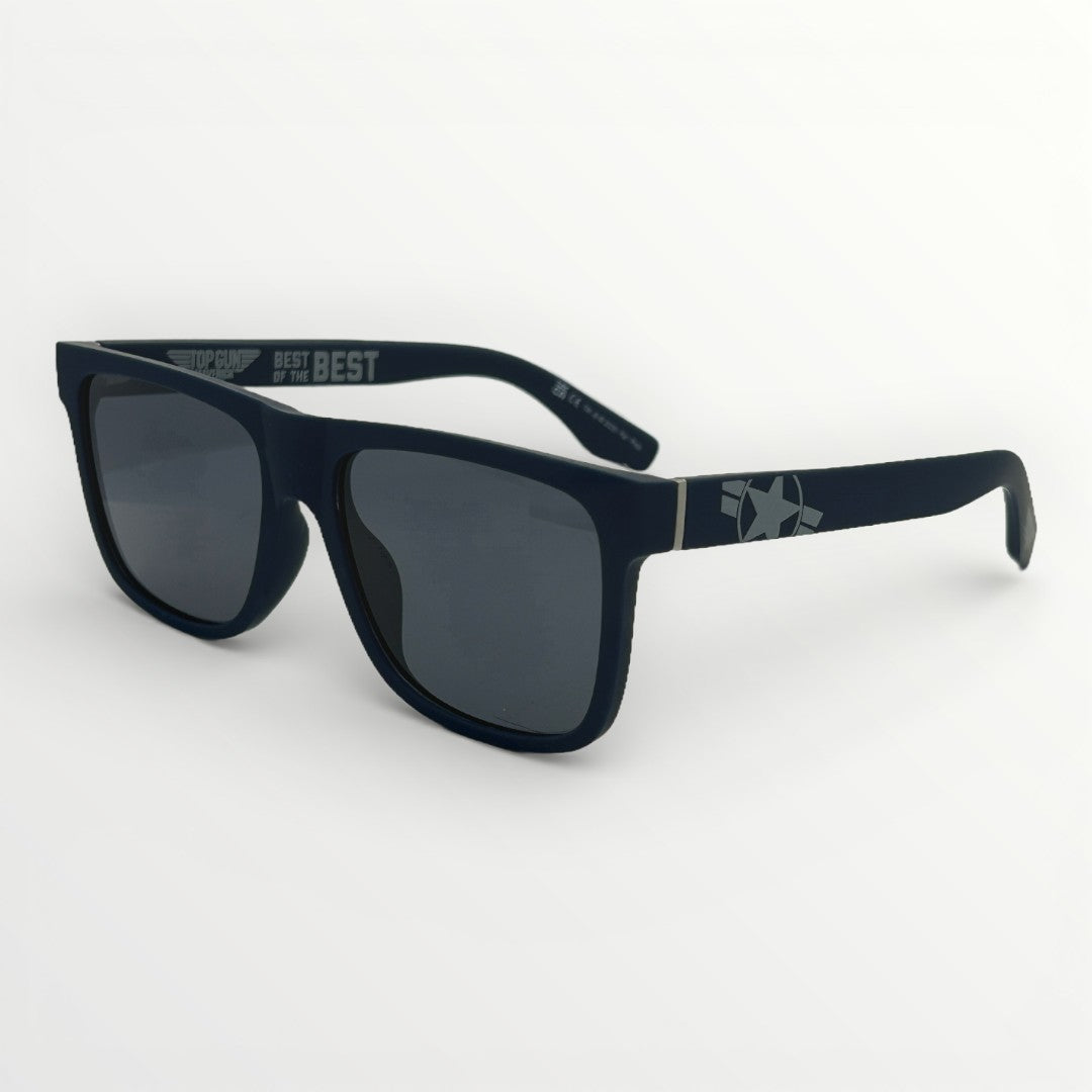 Black sunglasses with a star design on the arm against a white background